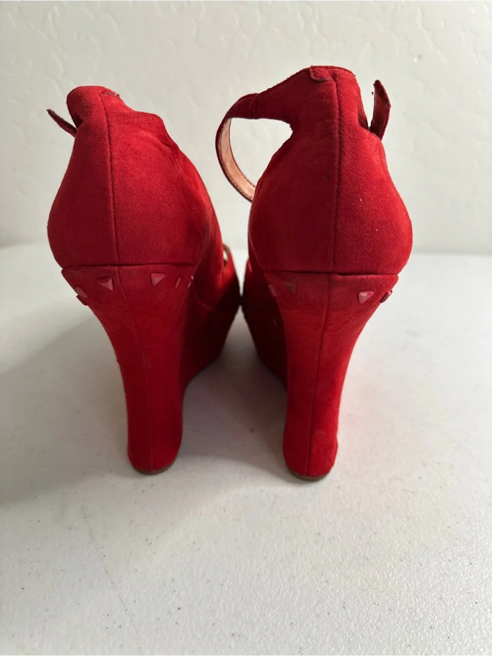 Gianni Bini Red Suede Peep-Toe Ankle-Strap Wedges